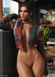 3d 3d_(artwork) blurry_background bottomless bronsabi cyberpunk_2077 female female_only looking_at_viewer panam_palmer pussy shaved_pussy smooth_pussy vagina vulva wide_hips