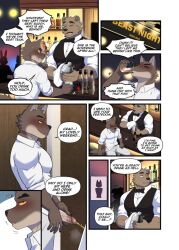 2022 alcohol anthro bear beverage black_nose brown_body brown_fur canid canine canis clothed clothing comic dreamworks drunk duo english_text fur genitals humanoid_genitalia humanoid_penis luwei_(artist) male mammal mr._wolf_(the_bad_guys) muscular muscular_anthro muscular_male peeing penis shirt substance_intoxication text the_bad_guys topwear wolf