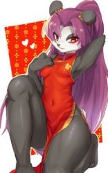 10:16 :3 anthro asian_clothing bear breasts chinese_clothing chinese_dress clothing digital_media_(artwork) dress east_asian_clothing female giant_panda hair hand_behind_head hand_on_breast heart hi_res kemono long_hair looking_at_viewer mammal navel open_mouth panda purple_hair red_eyes shaded simple_background small_breasts solo suurin_(ksyaro) thick_thighs