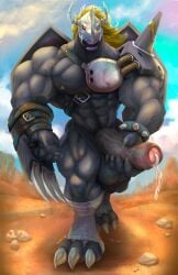 1boy bandai_namco barazoku blackwargreymon bodily_fluids cum desert digimon digimon_(species) genital_fluids genitals hi_res jacked male male_only masturbation muscular penis precum public public_nudity solo vascular_penis vein veiny_penis wargreymon wintech3112