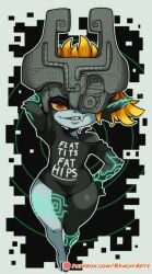 1girls black_shirt bottomless brachyzoid exposed_shoulder female_only full_body hand_behind_head hand_on_hip hips imp_midna looking_at_viewer loose_shirt midna nintendo shirt solo standing text_on_clothing the_legend_of_zelda thick_ass twilight_princess wide_hips