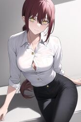 ai_generated black_legwear button_down_shirt chainsaw_man cleavage highres long_hair makima_(chainsaw_man) novelai red_hair rubycks smile unbuttoned unbuttoned_shirt white_background white_shirt yellow_eyes