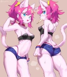 anthro ass blue_eyes blush bodily_fluids bracelet breasts clothed clothing collar cute_fangs dessert digital_media_(artwork) felid female food fur hair ice_cream jewelry kemono mammal navel open_mouth pink_body pink_fur pink_hair ponytail ring shaded skimpy skinny small_breasts small_butt solo suurin_(ksyaro) sweat wide_hips