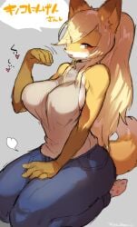 2018 5_fingers :3 anthro big_breasts biped blonde_hair blush bottomwear breasts brown_body brown_fur canid canine cheek_tuft clothed clothing colored_sketch countershading denim denim_clothing dialogue digital_media_(artwork) dipstick_tail facial_tuft female fingers footwear fox fox's_sister_(kinokoningen) fur gloves_(marking) grey_background hair heart hi_res inviting japanese_text jeans kemono kneeling legwear long_hair looking_at_viewer mammal markings multicolored_body multicolored_fur multicolored_tail orange_body orange_fur pants ponytail red_fox shaded simple_background sketch socks solo speech_bubble suurin_(ksyaro) tail tail_markings text translucent translucent_hair tuft white_body white_fur