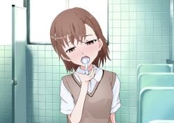 1girls 2020 2020s after_fellatio after_oral bathroom blush brown_eyes brown_hair clothed clothed_female cum cum_drip cum_in_mouth doujin_shimei female female_only hair_flower hair_ornament hi_res indoors looking_down matching_hair/eyes misaka_mikoto open_mouth oral_creampie school_uniform schoolgirl semen short_hair solo teenage_girl teenager to_aru_kagaku_no_railgun to_aru_majutsu_no_index tokiwadai_school_uniform upper_body young