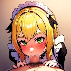 ai_generated blonde_hair blowjob blur_censor blush censored_penis cum cum_in_mouth fellatio frederica_baumann green_eyes looking_at_viewer maid maid_outfit maid_uniform neko oral oral_sex pov pov_blowjob re:zero_kara_hajimeru_isekai_seikatsu yucchiaiart