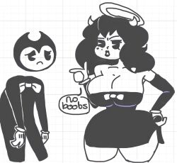 alice_angel angry bendy bendy_and_the_ink_machine bendy_the_dancing_demon big_breasts black_dress halo horns pac-man_eyes sunnylovescherrys thick_thighs