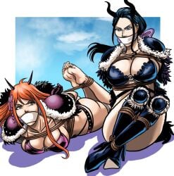 2girls angry beast_pirates_(cosplay) black_hair blackprof blue_eyes bondage feet female female_only flower_in_hair gag hogtie hogtied multiple_girls nami nico_robin one_piece orange_hair post-timeskip rope_bondage