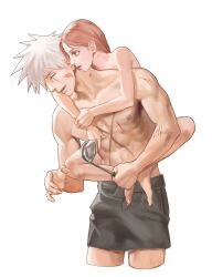 1boy 1girls abs age_difference apron arms_around_neck beauty_mark bigger_male clinging female green_eyes happy hatake_kakashi highres kiss_mark larger_male legs_around_partner legs_around_waist lipstick_mark male male/female muscular muscular_male naruto naruto_(series) naruto_shippuden nude piggyback pink_hair romantic sakura_haruno scar scar_across_eye scar_on_chest shirtless silver_hair size_difference smaller_female spiky_hair