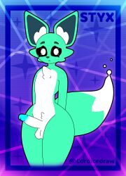 absurd_res anthro blue_penis canid canine cheek_tuft cordicedraw facial_tuft femboy fluffy fox genitals ghost girly green_body hi_res inner_ear_fluff male mammal neck_tuft penis shy spirit thick_thighs tuft