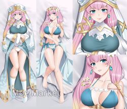 1girls ass_visible_through_thighs bangs bare_legs barefoot bed bikini blue_bikini blue_eyes blue_swimsuit breasts cleavage dakimakura dakimakura_design earrings female female_only fire_emblem fire_emblem_heroes gunnthra_(fire_emblem) gunnthra_(summer)_(fire_emblem) large_breasts legs moe_market multicolored_hair nintendo on_back on_bed panties pink_hair sarong smile solo swimsuit underwear white_panties