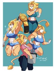 abs artjwink belt biceps big_breasts black_eye blonde_hair breasts bruise championship_belt chili female holding_object jwinkz lion_ears lion_girl lion_tail lioness muscles muscular muscular_female tagme thick_thighs