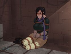 angry black_hair blue_eyes bondage cloth_gag female female_only gag nico_robin one_piece post-timeskip rope_bondage skelebomb sweat