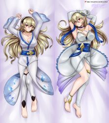 1girls alternate_costume bare_legs barefoot blonde_hair breasts cleavage corrin_(fire_emblem) corrin_(fire_emblem)_(female) dakimakura_(medium) dakimakura_design elbow_gloves female female_only fire_emblem fire_emblem_fates gloves hairband hocen japanese_clothes kimono large_breasts legs long_hair looking_at_viewer nintendo on_back red_eyes solo