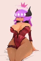 <3 black_horn breasts choker clothed clothing crown demon demon_girl demon_horns demon_humanoid drmover female female_only fishnet_legwear fishnets heart heart_choker horned_humanoid horns human humanoid leotard mammal purple_eyes purple_hair roblox roblox_avatar robloxian seductive seductive_smile sitting smile smiling tagme