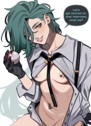 1girls belly_piercing dialogue female female_only gloves green_hair nintendo nipple_piercing no_bra open_shirt piercing pokeball pokemon pokemon_sv porqueloin rika_(pokemon) small_breasts smiling smiling_at_viewer solo solo_female tagme teal_hair text tie tomboy