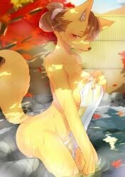 anthro bathing big_breasts blush breasts brown_hair canid canine canis digital_media_(artwork) domestic_dog featureless_breasts female fox_tail hair hand_on_breast hot_spring kemono looking_away mammal navel nude onsen open_mouth outside shaded short_hair solo suurin_(ksyaro) thick_thighs towel water wet