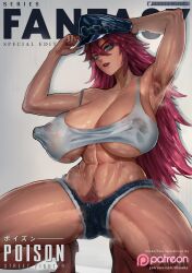 abs armpits big_breasts big_nipples blue_eyes bush female hairy_armpits hat long_hair pink_hair pink_lipstick poison_(final_fight) proado pubic_hair_peek pussy_hair steam street_fighter sweat sweating tucking white_topwear