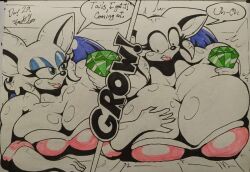 alternate_breast_size anthro bat bat_wings blue_highlights breast_expansion breasts breasts_bigger_than_head cleavage emerald_(gem) english_text expansion eyelashes furry gloves green_eyes huge_breasts inktober inktober_2022 jack_hoo_(artist) large_breasts rouge_the_bat sega sonic_(series) sonic_the_hedgehog_(series) text