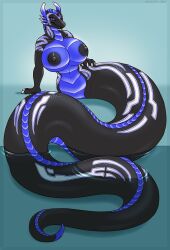 2016 anthro aquatic aquatic_dragon arm_support arm_supporting_body belly_button big_breasts black black_body black_nipples black_scales black_skin black_tongue blue_background blue_belly blue_chest blue_eyes blue_markings blue_sclera blue_stripe body_partially_in_water breasts clawed_fingers clawed_hands claws draconcopode dragon female hand_on_ground hand_on_hip head_spikes holographic horns hybrid liquid long_body looking_at_viewer markings naga nipples partially_submerged partially_submerged_tail pattern royalty_(artist) scalie sea_serpent snake spikes tongue water white_claws white_markings white_pattern