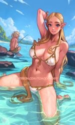 beach bikini bikini_top breath_of_the_wild clothing fanart female link_(breath_of_the_wild) male pale_skin pinup princess_zelda self_upload swimwear the_legend_of_zelda tomoe_draws wet zelda_(breath_of_the_wild)