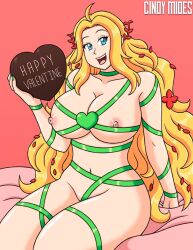 adam_and_eve big_breasts blonde_hair blue_eyes casual_nudity cindymides commission commission_art curvy_female curvy_figure eve_(record_of_ragnarok) eve_(shuumatsu_no_valkyrie) happy_female holding_object leaves_in_hair long_hair public_domain record_of_ragnarok ribbons shuumatsu_no_valkyrie sitting_on_bed valentine's_day wavy_hair ych