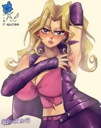 1girls arm_behind_head armpits artist_logo artist_name artist_signature big_breasts blindneko99 blonde_hair blush curly_hair female female_only heavy_blush konami kujaku_mai long_hair looking_at_viewer mai_valentine purple_eyes red_lipstick solo yu-gi-oh!