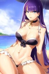 1girls arm_support bare_arms bare_shoulders beach bikini bird black_bikini black_choker blue_eyes blue_sky blunt_bangs blush breasts choker cloud cross cross_necklace day earrings fate/grand_order fate_(series) frilled_bikini frills hi_res jewelry large_breasts long_hair looking_at_viewer navel necklace ocean outdoors parasol parted_lips purple_hair saint_martha saint_martha_(swimsuit_ruler) sand seagull sitting sky smile solo suurin_(ksyaro) swimsuit umbrella very_long_hair water