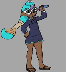 1boy :o alternate_version_available blue_hair bulge clothed dark-skinned_male dark_skin dezmine21 glasses grey_eyes hand_on_hip humanoid male_focus male_only octoling octoling_boy open_mouth paintbrush sailor_collar sandals serafuku solo splatoon weapon