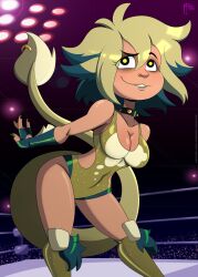 :3 basilisk basilisk_(the_owl_house) breasts great_dude lipstick multicolored_hair nail_polish nose_ring skinny_girl straight_hair tail the_owl_house thick_thighs vee_(the_owl_house) wrestler wrestling wrestling_outfit wrestling_ring yellow_eyes