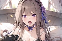 1boy 1girls after_fellatio ai_generated angry angry_face beret brown_hair chuuni cleavage cum_drip cum_in_mouth cum_on_chest cum_on_tongue detached_sleeves doll doll_joints dress dubious_consent ejaculation fellatio hair_flower herta_(honkai:_star_rail) hi_res honkai:_star_rail light-skinned_female light_brown_hair light_skin long_hair looking_at_viewer open_mouth puppet purple_eyes purple_flower questionable_consent small_breasts solo solo_female tongue_out v-shaped_eyebrows