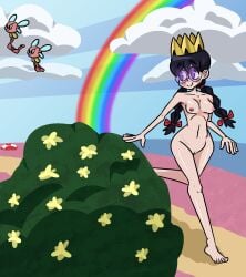 1girls 2023 black_hair breasts completely_nude completely_nude_female crown fairy fairy_queen female female_focus female_only full_body glasses hair_ribbon hi_res hypnosis kirby_(series) naked naked_female nintendo nude nude_female outside petite purple_eyes queen_ripple rainbow small_breasts solo solo_female strawberriexe twin_braids walking wide_hips