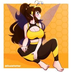 barefoot bee_costume bee_girl breasts brown_hair feet female legwear light-skinned_female light_skin oc original_character sports_bra sportswear susiehatter thighs yoga_pants