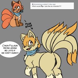 aetherouranos anus blush canid canine female feral generation_1_pokemon genitals looking_at_viewer mammal multi_tail ninetales nintendo open_mouth pokemon pokemon_(species) pokemon_mystery_dungeon pussy pyre_(vulpix) simple_background smile solo tail text vulpix