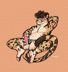 anthro belly biped black_hair black_nose blue_eyes cheetah claws digitigrade eyewear fangs felid feline fur genitals glasses hair hi_res king_cheetah male mammal pawpads penis slightly_chubby spots spotted_body spotted_fur stripes teeth thick_thighs