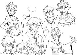 1boy 1girls alcohol big_breasts blush body_writing class_3-z cleavage cow_ears cow_girl drunk facial_scar female gintama gintoki_sakata glasses hair_ornament isami_meena japanese_clothes kimono kiseru male monochrome multiple_images multiple_scenes no_bra official_alternate_costume pipe sake sketch_page smoking smoking_pipe teacher tied_hair tsukuyo