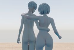 1boy 1girls 3d absolutely_nothing_on ass ass_focus balls beach blender blue_eyes breasts completely_nude female male medium_breasts mlplottery nier nier:_automata nude sideboob tagme wet white_hair yorha_2b yorha_9s