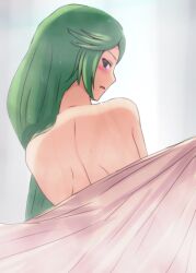 1girls back blush completely_nude green_eyes green_hair kid_icarus lelie_link long_hair looking_at_viewer looking_back nintendo nude nude_female palutena parted_lips topless towel upper_body wet wet_hair