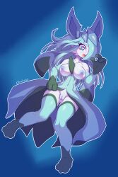 absurd_res anthro biped blush breasts crombie eeveelution female front_view fusion gardevoir generation_3_pokemon generation_4_pokemon genitals glaceon hi_res hybrid nintendo nipples pokemon pokemon_(species) pokemon_fusion pussy simple_background solo