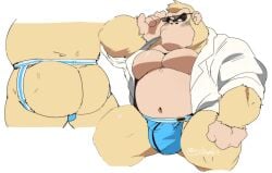 2023 abs anthro ape ass belly brown_eyes bulge clothing digital_drawing digital_media donkey_kong_(series) eyewear fur glasses haplorhine hi_res hyaku_(artist) jockstrap looking_at_viewer male male_only mammal mario_(series) musclegut muscular muscular_male navel nintendo pecs primate rear_view shirt signature simple_background sitting solo super_mario_bros._(2023_film) tan_body tan_fur topwear underwear