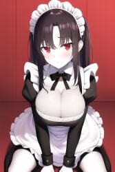 ai_generated cleavage highres kneeling large_breasts long_hair maid maid_uniform nai_diffusion original original_character pale-skinned_female pale_skin red_background red_eyes rubycks