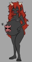 1girls big_belly black_skin bloated_belly blood breasts dark-skinned_female demon demon_girl demon_horns female female_focus female_only girl horns humanoid lilith_(the_binding_of_isaac) long_hair pregnancy pregnant pregnant_belly red_hair relieved showing_off solo the_binding_of_isaac young