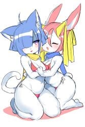 2girls absurd_res anthro bikini blue_hair blush closed_eyes cute eyes_closed feline female furry hair_over_one_eye hi_res long_hair multiple_girls navel one_eye_closed pink_hair purple_eyes short_hair smile suurin_(ksyaro) swimsuit white_background yuri