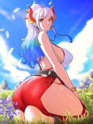 1girls ass big_breasts blue_hair blue_sky breasts brown_eyes clothed clothing curvy ear_piercing earrings female female_focus female_only gradient_hair hi_res highres hoop_earrings horned_humanoid horns humanoid light-skinned_female light_skin long_hair multicolored_hair one_piece oni oni_horns opalisart revealing_clothes sideboob simple_background solo two_tone_hair white_hair wide_hips yamato_(one_piece) youkai