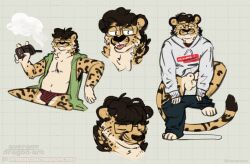 animal_genitalia anthro belly biped black_hair black_nose blue_eyes cheetah claws digitigrade dozendav eyewear fangs felid feline fur genitals glasses hair hi_res king_cheetah kofi_(kofithechee) male mammal pawpads penis sheath slightly_chubby spots spotted_body spotted_fur stripes teeth thick_thighs