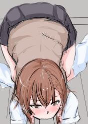 10s 1boy 1girls 2019 all_fours blowjob blush brown_eyes brown_hair clothed clothed_female doujin_shimei eye_contact face_fucking faceless_male fellatio female female_focus hair_flower hair_ornament hi_res kneehighs looking_at_viewer looking_up loose_socks male male/female matching_hair/eyes misaka_mikoto oral petite pov school_uniform schoolgirl seductive_eyes short_hair socks sucking sucking_penis teenage_girl teenager to_aru_kagaku_no_railgun to_aru_majutsu_no_index tokiwadai_school_uniform white_socks young