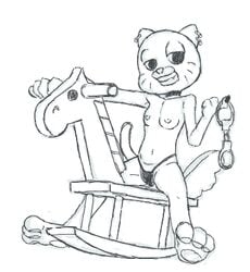 1girls anthro barefoot cartoon_network come_hither feline female female_focus female_only flat_chest grin handcuffs mother nicole_watterson nipples paws piercing rocking_horse smile solo solo_female solo_focus straight_hair tail the_amazing_world_of_gumball thong topless whiskers