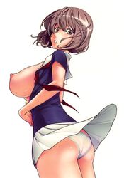 1girls aoki_yuriko ass bakuman breasts breasts_out brown_eyes brown_hair erect_nipples female female_only flash flashing fukudahda highres huge_breasts kensou_ogawa large_breasts legs looking_back mole nipples open_clothes open_shirt panties pantyshot short_hair sideboob skirt solo underwear undressing white_panties wind_lift