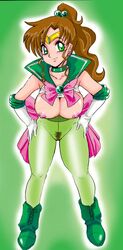 bishoujo_senshi_sailor_moon blush breasts brown_hair choker clothing elbow_gloves female female_only gloves green_eyes human large_breasts makoto_kino nipples pantyhose ponytail pubic_hair pussy sailor_jupiter smile solo takeshi_aono tied_hair