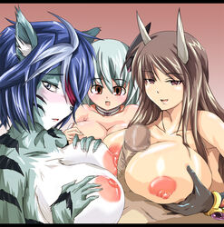 3girls artist_request blush breasts censored character_request female furry horns huge_breasts kemono kloah male multiple_females paizuri penis source_request straight